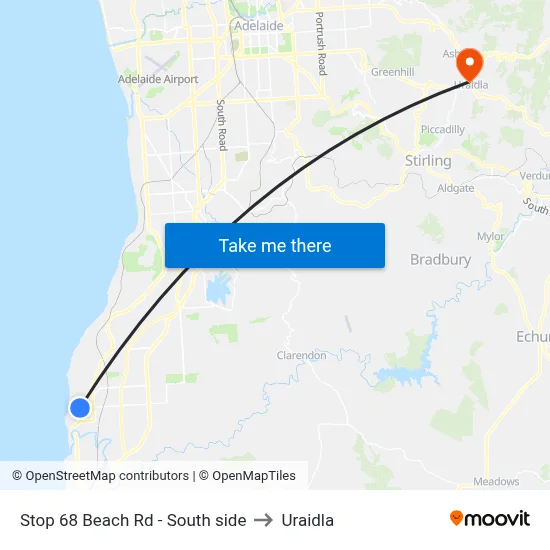 Stop 68 Beach Rd - South side to Uraidla map