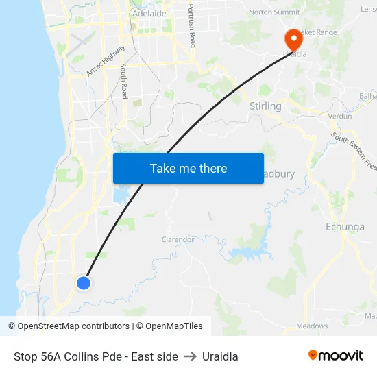 Stop 56A Collins Pde - East side to Uraidla map