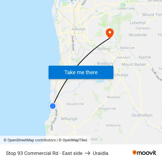 Stop 93 Commercial Rd - East side to Uraidla map