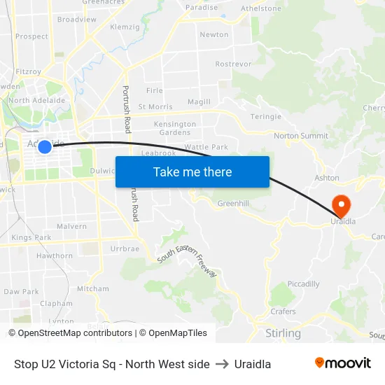 Stop U2 Victoria Sq - North West side to Uraidla map