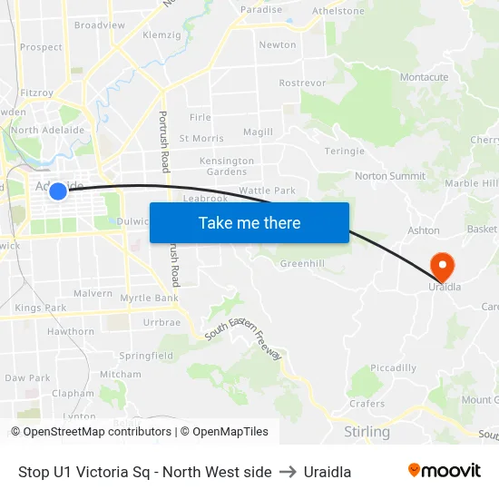 Stop U1 Victoria Sq - North West side to Uraidla map
