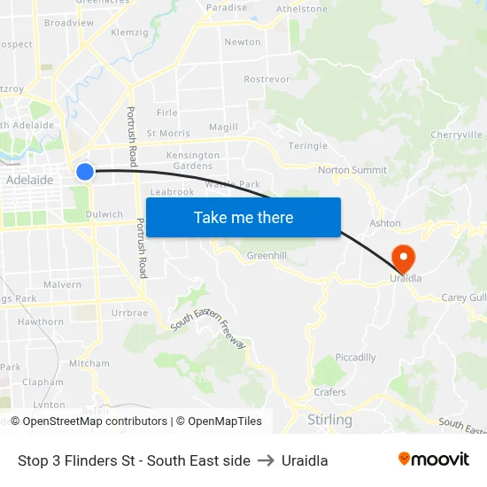 Stop 3 Flinders St - South East side to Uraidla map