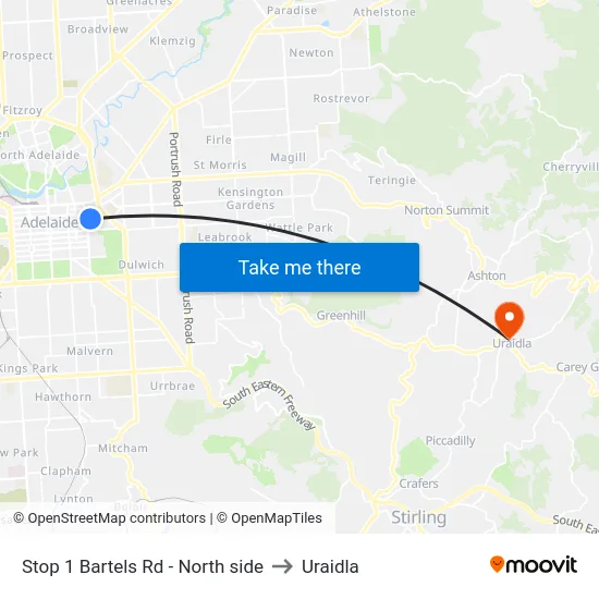 Stop 1 Bartels Rd - North side to Uraidla map