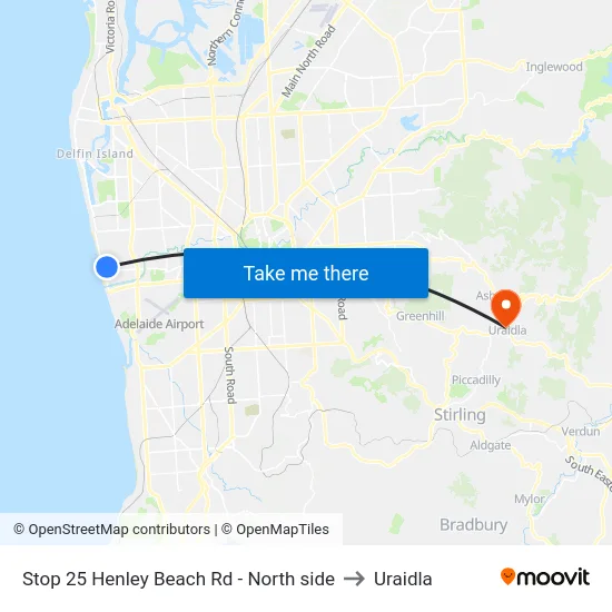Stop 25 Henley Beach Rd - North side to Uraidla map