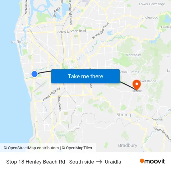 Stop 18 Henley Beach Rd - South side to Uraidla map
