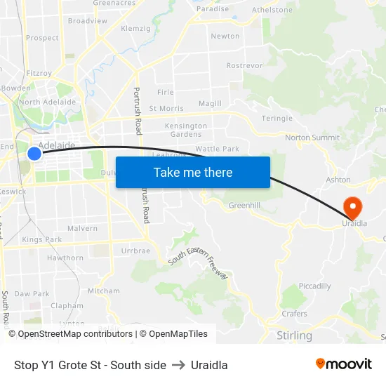 Stop Y1 Grote St - South side to Uraidla map