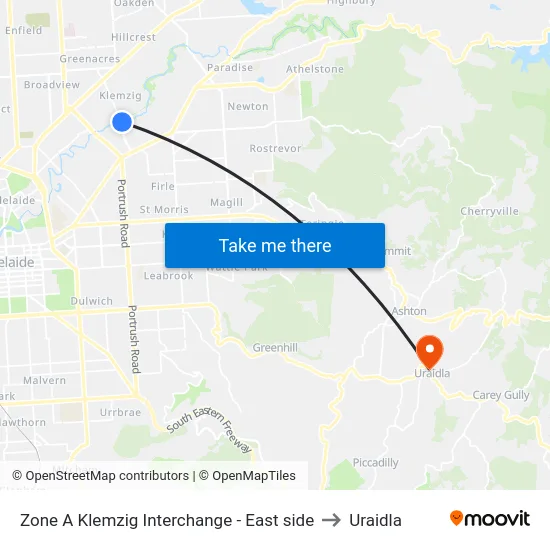 Zone A Klemzig Interchange - East side to Uraidla map