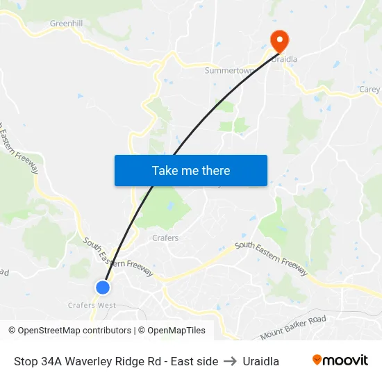 Stop 34A Waverley Ridge Rd - East side to Uraidla map