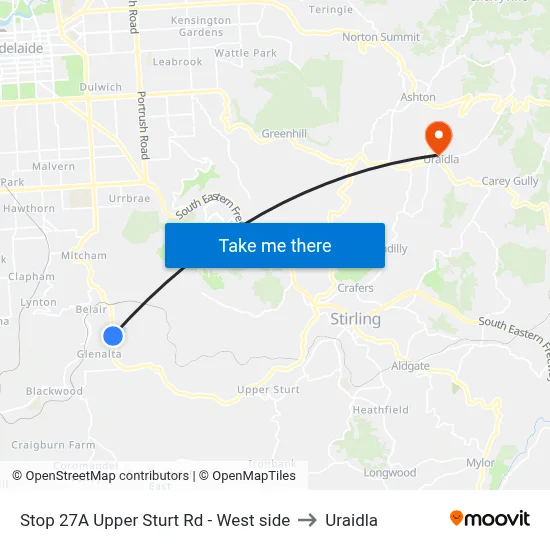 Stop 27A Upper Sturt Rd - West side to Uraidla map