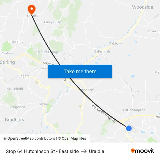 Stop 64 Hutchinson St - East side to Uraidla map