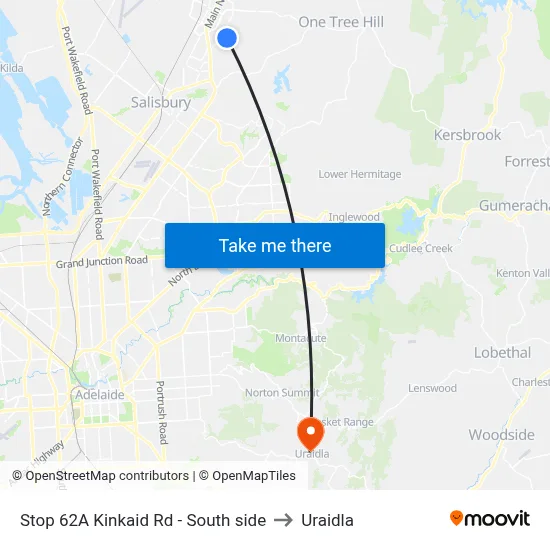 Stop 62A Kinkaid Rd - South side to Uraidla map