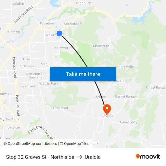 Stop 32 Graves St - North side to Uraidla map