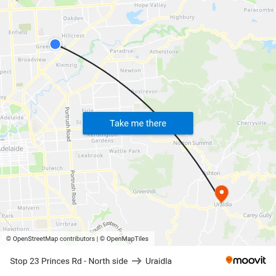 Stop 23 Princes Rd - North side to Uraidla map