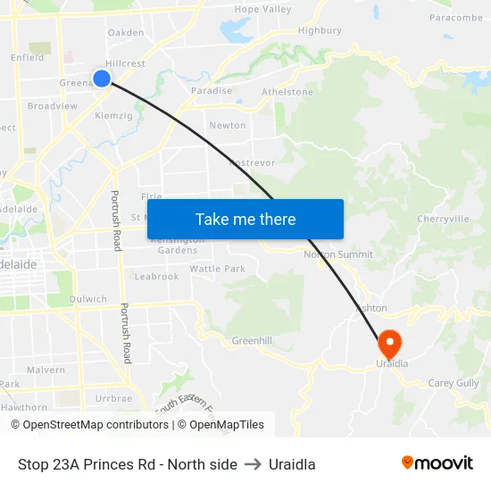 Stop 23A Princes Rd - North side to Uraidla map