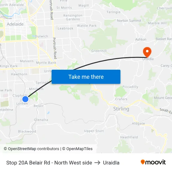 Stop 20A Belair Rd - North West side to Uraidla map
