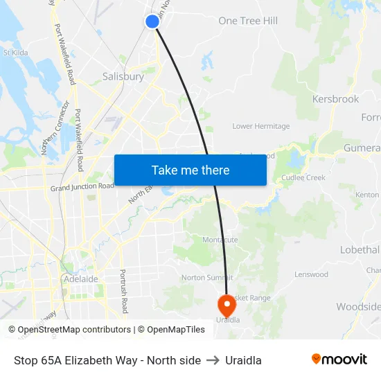 Stop 65A Elizabeth Way - North side to Uraidla map