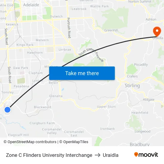 Zone C Flinders University Interchange to Uraidla map