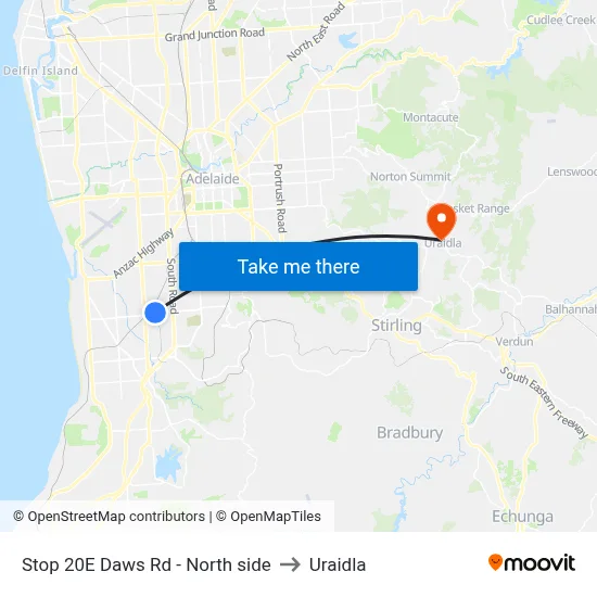 Stop 20E Daws Rd - North side to Uraidla map