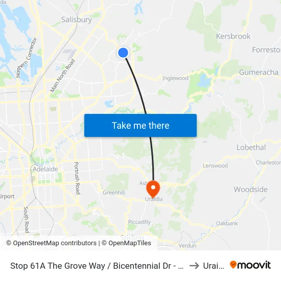 Stop 61A The Grove Way / Bicentennial Dr - North side to Uraidla map