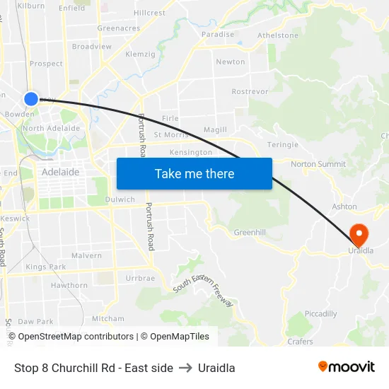 Stop 8 Churchill Rd - East side to Uraidla map