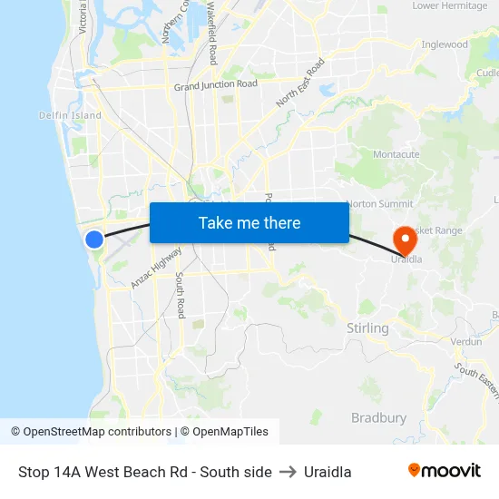 Stop 14A West Beach Rd - South side to Uraidla map