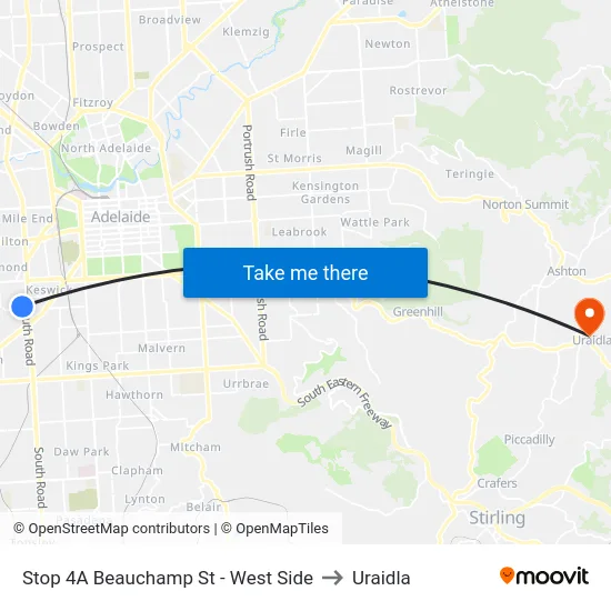 Stop 4A Beauchamp St - West Side to Uraidla map