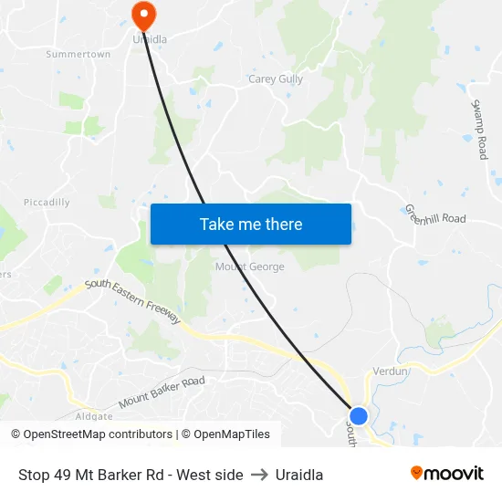Stop 49 Mt Barker Rd - West side to Uraidla map