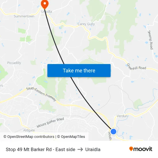 Stop 49 Mt Barker Rd - East side to Uraidla map