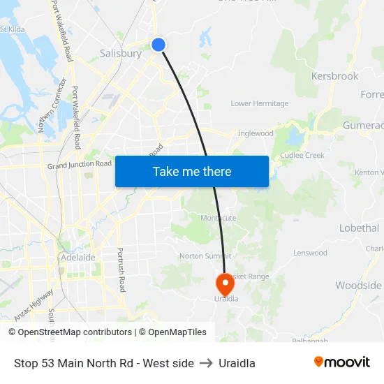 Stop 53 Main North Rd - West side to Uraidla map