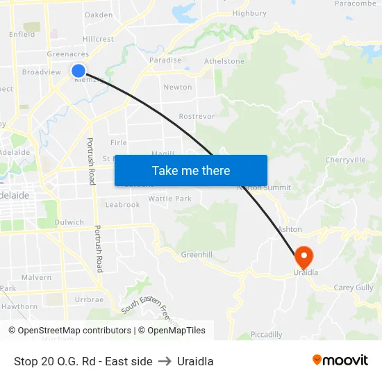 Stop 20 O.G. Rd - East side to Uraidla map