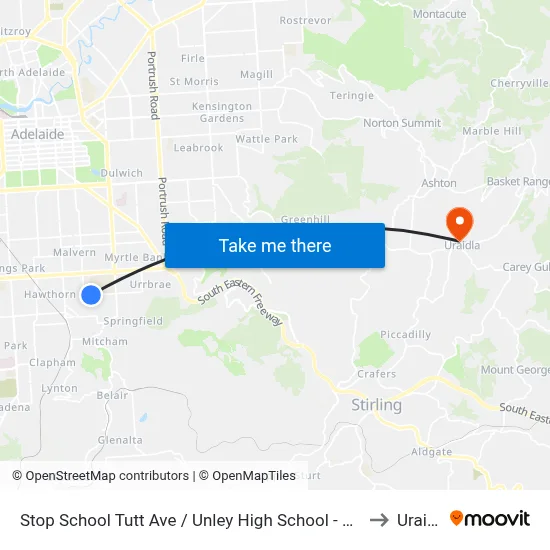 Stop School Tutt Ave / Unley High School - South side to Uraidla map