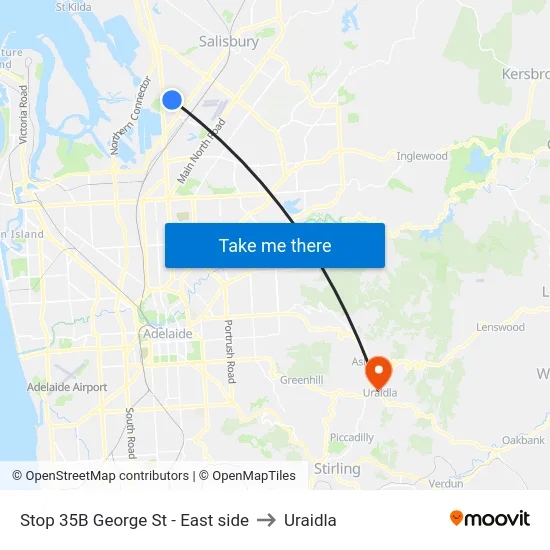 Stop 35B George St - East side to Uraidla map