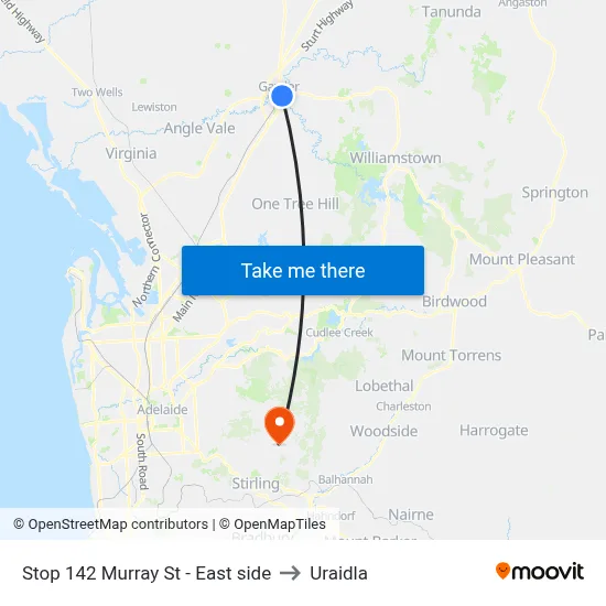 Stop 142 Murray St - East side to Uraidla map