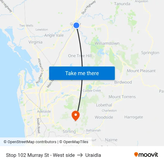 Stop 102 Murray St - West side to Uraidla map