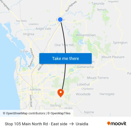 Stop 105 Main North Rd - East side to Uraidla map