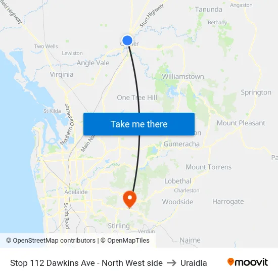 Stop 112 Dawkins Ave - North West side to Uraidla map