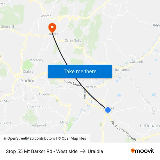 Stop 55 Mt Barker Rd - West side to Uraidla map