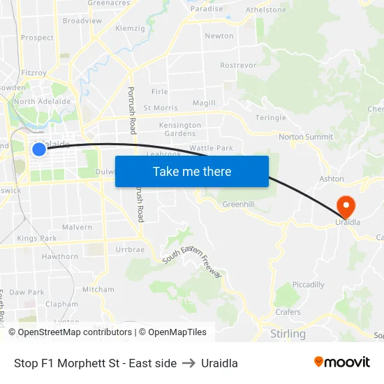 Stop F1 Morphett St - East side to Uraidla map
