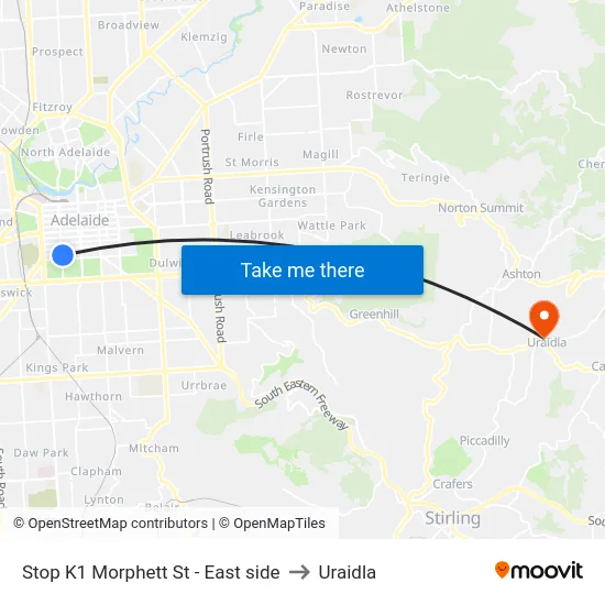 Stop K1 Morphett St - East side to Uraidla map