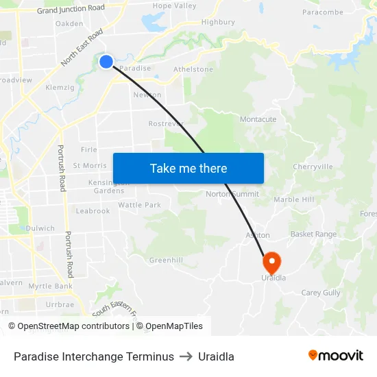 Paradise Interchange Terminus to Uraidla map