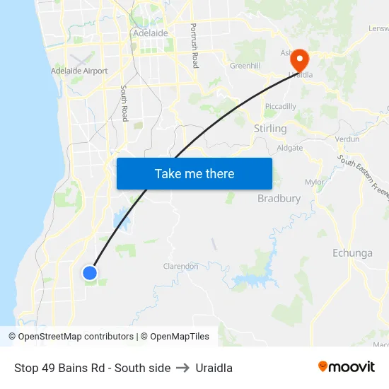 Stop 49 Bains Rd - South side to Uraidla map