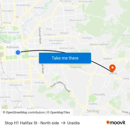 Stop H1 Halifax St - North side to Uraidla map