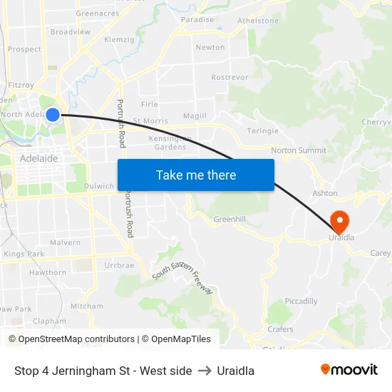 Stop 4 Jerningham St - West side to Uraidla map