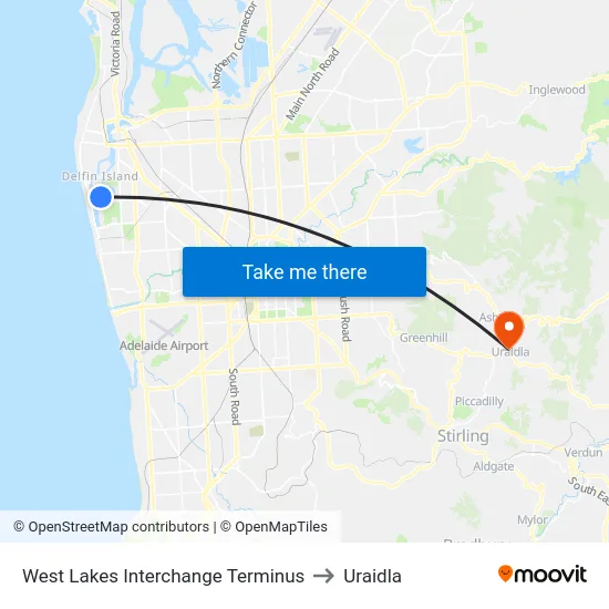 West Lakes Interchange Terminus to Uraidla map