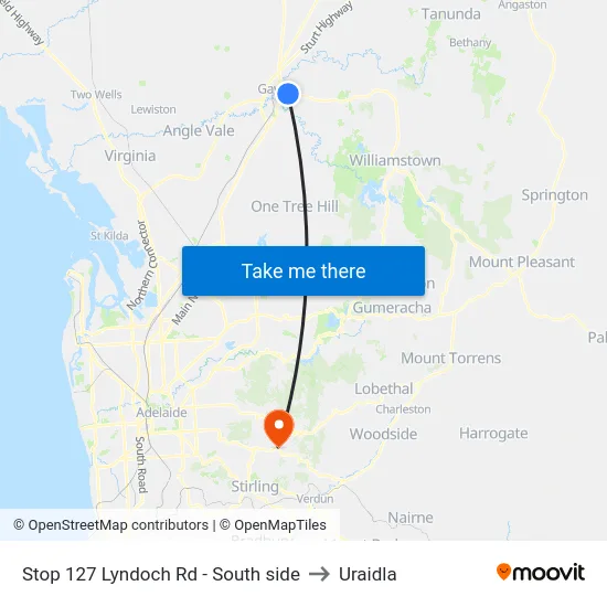 Stop 127 Lyndoch Rd - South side to Uraidla map