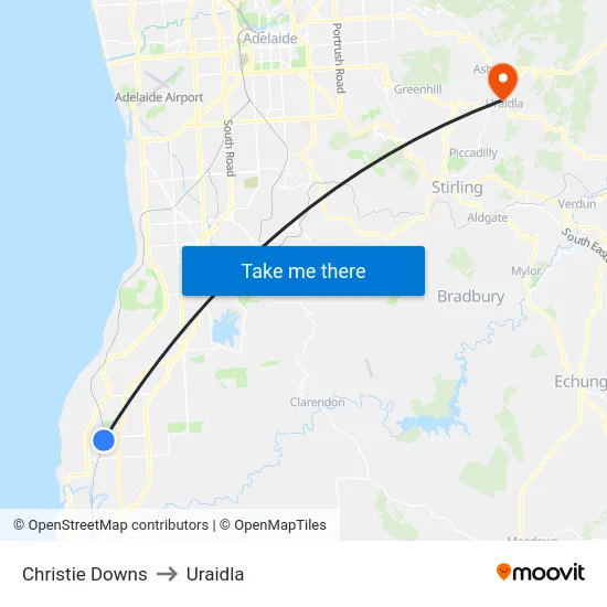 Christie Downs to Uraidla map