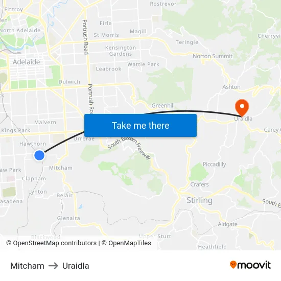 Mitcham to Uraidla map