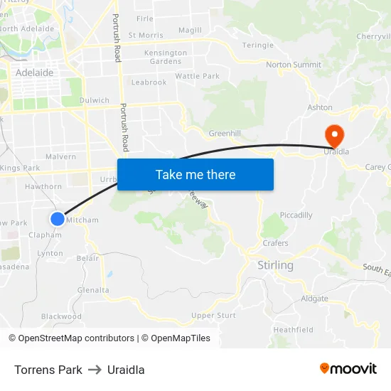Torrens Park to Uraidla map
