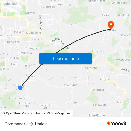 Coromandel to Uraidla map