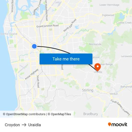 Croydon to Uraidla map